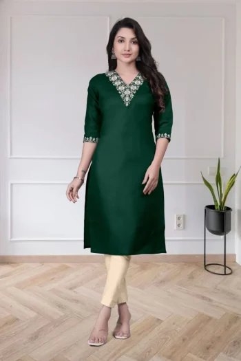 FANCY TESLA COTTON EMBROIDERY WORK ONLY KURTI GREEN