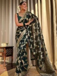 MODERN BANARASI LICHI SILK JACQUARD WORK SAREE WITH UNSTITCHED BLOUSE DARK GREEN