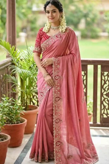 MODERN CHINON SILK ZARI SEQUENCE EMBROIDERY WITH BANDHNI PATCH AND ZARI EMBROIDERY BORDER WORK SAREE WITH UNSTITCHED BLOUSE PEACH
