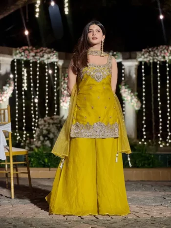 MODERN FANDY SILK EMBROIDERY SEQUENCE WORK TOP PALAZZO WITH DUPATTA YELLOW