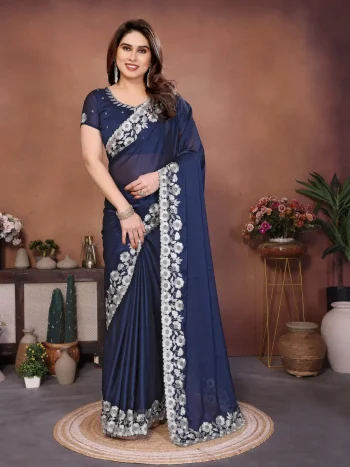 MODERN RANGOLI SILK EMBROIDERY WORK LACE BORDER SAREE WITH UNSTITCHED BLOUSE NAVY BLUE