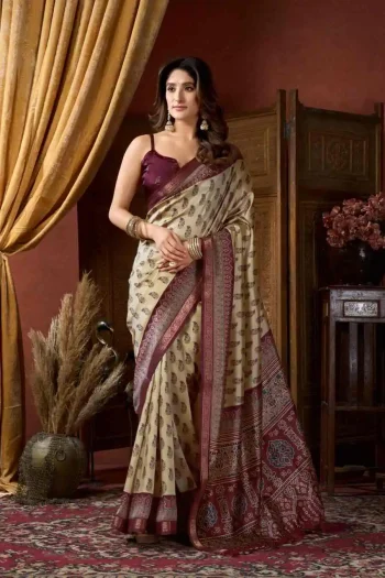 NEW ARRIVAL CLUSTER DIGITAL WITH JACQUARD BORDER & JHALLAR WORK SAREE WITH UNSTITCHED BLOUSE CREAM