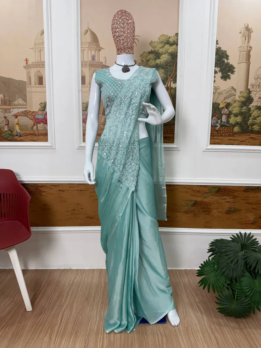 5TRENDING RANGOLI SILK EMBROIDERY THREAD & SEQUENCE WORK READY TO WEAR SAREE WITH STITCHED BLOUSE PARTY WEAR WHOLESALE PRICE ETHNIC GARMENT (14)