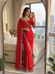 DESIGNER FENDY SATIN BEADS AND SEQUENCE EMBROIDERY WORK SAREE WITH UNSTITCHED BLOUSE RED