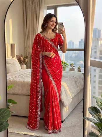 DESIGNER FENDY SATIN BEADS AND SEQUENCE EMBROIDERY WORK SAREE WITH UNSTITCHED BLOUSE RED