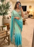DESIGNER FENDY SATIN EMBROIDERY SEQUENCE WITH BORDER BUTTI & ARC WORK SAREE WITH STITCHED BLOUSE SKY