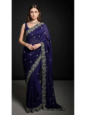 DESIGNER FENDY SATIN SEQUENCE EMBROIDERY WITH JAIPURI DORI WITH CUT BORDER WORK SAREE WITH UNSTITCHED BLOUSE PURPLE