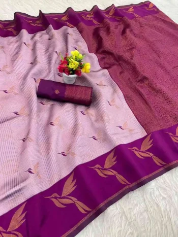 MODERN BANARASI SILK FLOWERS AND MINA & ZARI WEAVING PALLU WITH ZARI WEAVING BORDER WORK SAREE WITH UNSTITCHED BLOUSE PURPLE