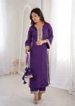 MODERN NATURAL CREPE REAL MIRROR LACE WORK TOP PENT WITH BATWA PURPLE