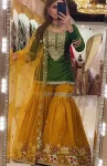 RICH LOOK GEORGETTE SEQUENCE EMBROIDERY WORK TOP SHARARA WITH DUPATTA YELLOW AND GREEN