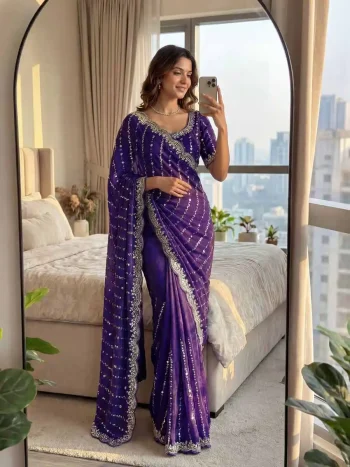 DESIGNER FENDY SATIN BEADS AND SEQUENCE EMBROIDERY WORK SAREE WITH UNSTITCHED BLOUSE PURPLE