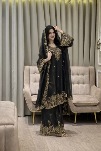 DESIGNER MOSS SILK SEQUENCE & ZARI THREAD EMBROIDERY WORK TOP PALAZZO WITH DUPATTA BLACK