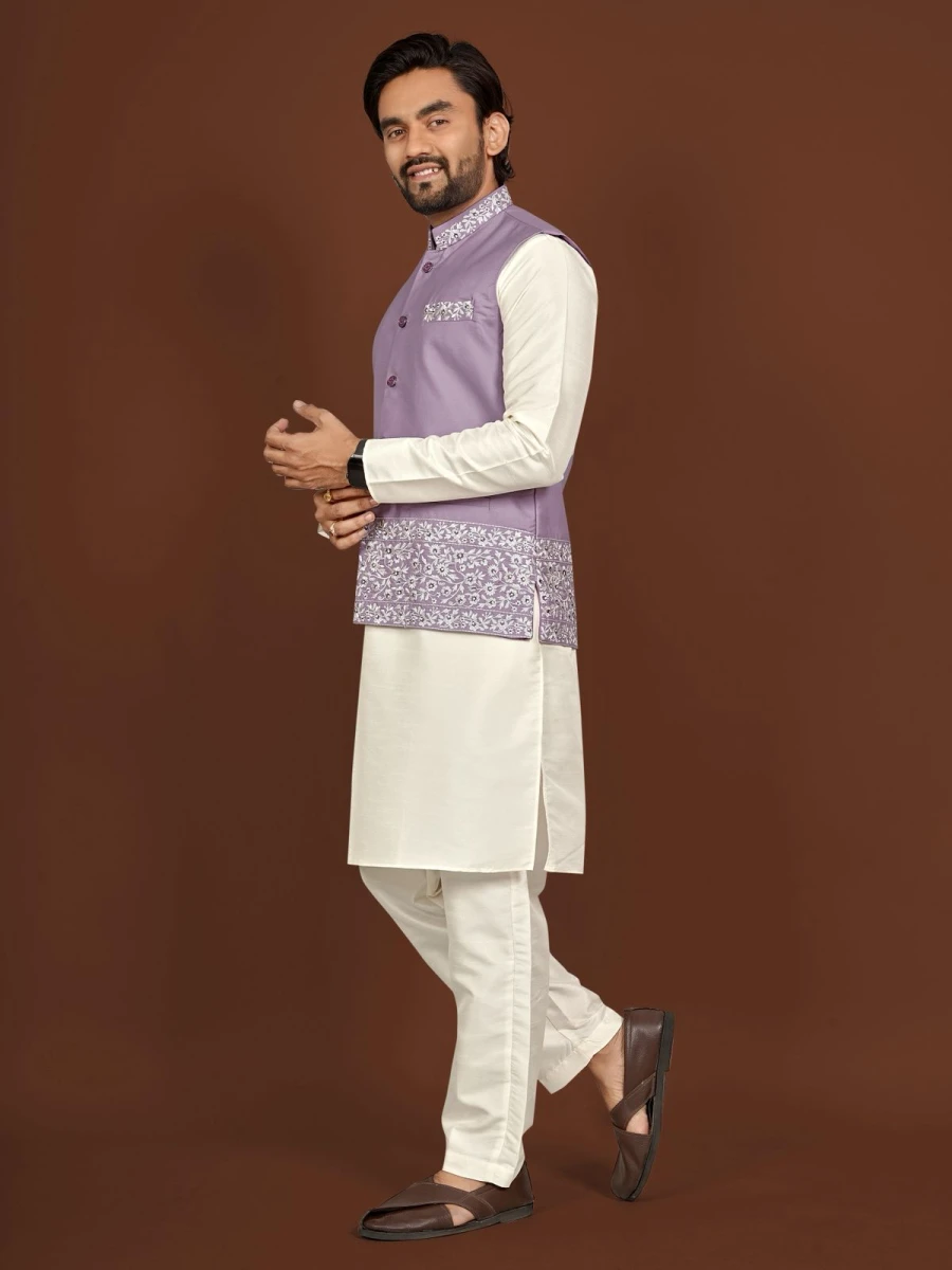 7DESIGNER SILK EMBROIDERY WORK MEN'S KURTA PAYJAMA WITH KOTI WEDDING WEAR WHOLESALE PRICE ETHNIC GARMENT (2)