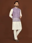 DESIGNER SILK EMBROIDERY WORK MEN'S KURTA PAYJAMA WITH KOTI LAVENDER