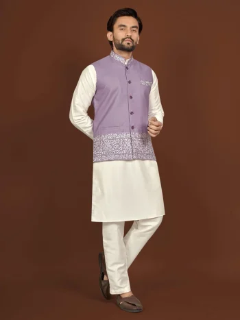 DESIGNER SILK EMBROIDERY WORK MEN'S KURTA PAYJAMA WITH KOTI LAVENDER