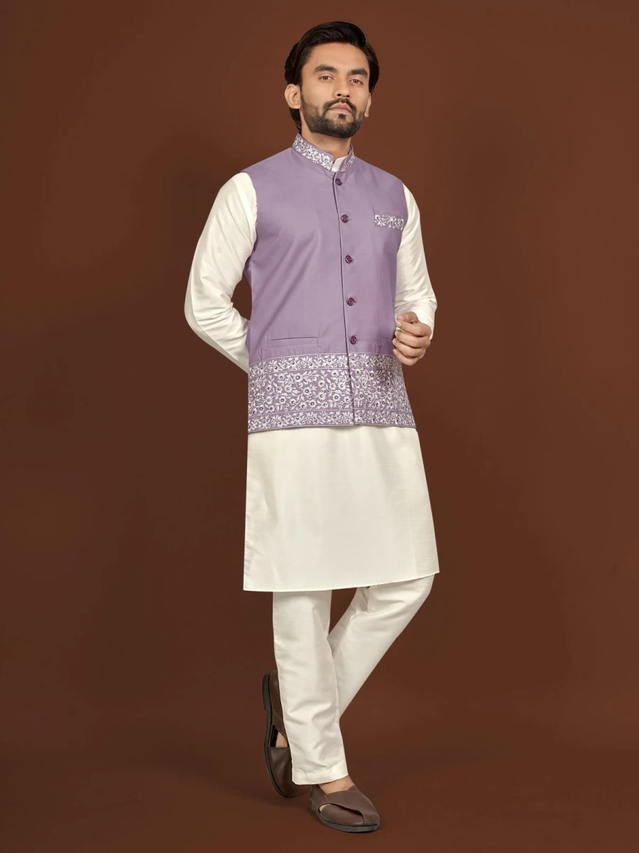 7DESIGNER SILK EMBROIDERY WORK MEN'S KURTA PAYJAMA WITH KOTI WEDDING WEAR WHOLESALE PRICE ETHNIC GARMENT (3)