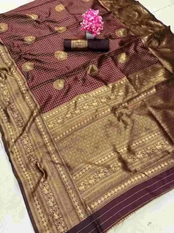 FANCY LICHI SILK BANARASI WEAVING WORK SAREE WITH UNSTITCHED BLOUSE BROWN