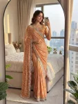 DESIGNER FENDY SATIN BEADS AND SEQUENCE EMBROIDERY WORK SAREE WITH UNSTITCHED BLOUSE PEACH