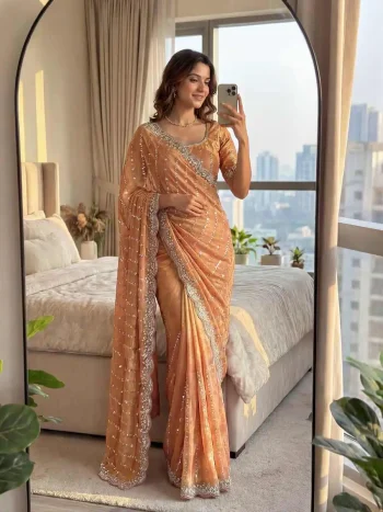 DESIGNER FENDY SATIN BEADS AND SEQUENCE EMBROIDERY WORK SAREE WITH UNSTITCHED BLOUSE PEACH