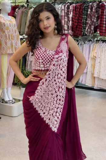 DESIGNER GEORGETTE EMBROIDERY THREAD & SEQUENCE WORK READY TO WEAR SAREE WITH STITCHED BLOUSE WINE