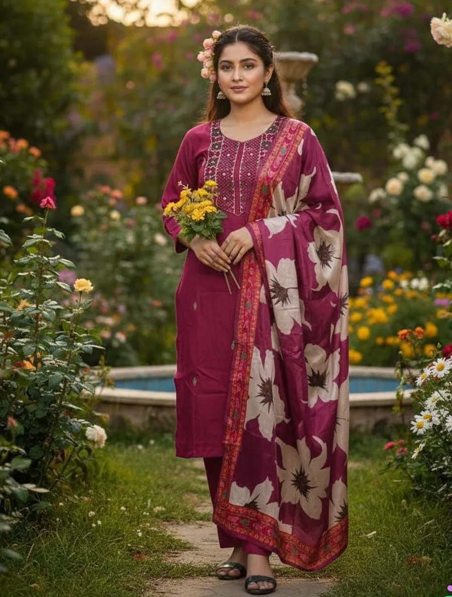 8FANCY SLUB COTTON PRINT WORK TOP BOTTOM WITH DUPATTA FESTIVE WEAR WHOLESALE PRICE ETHNIC GARMENT (2)