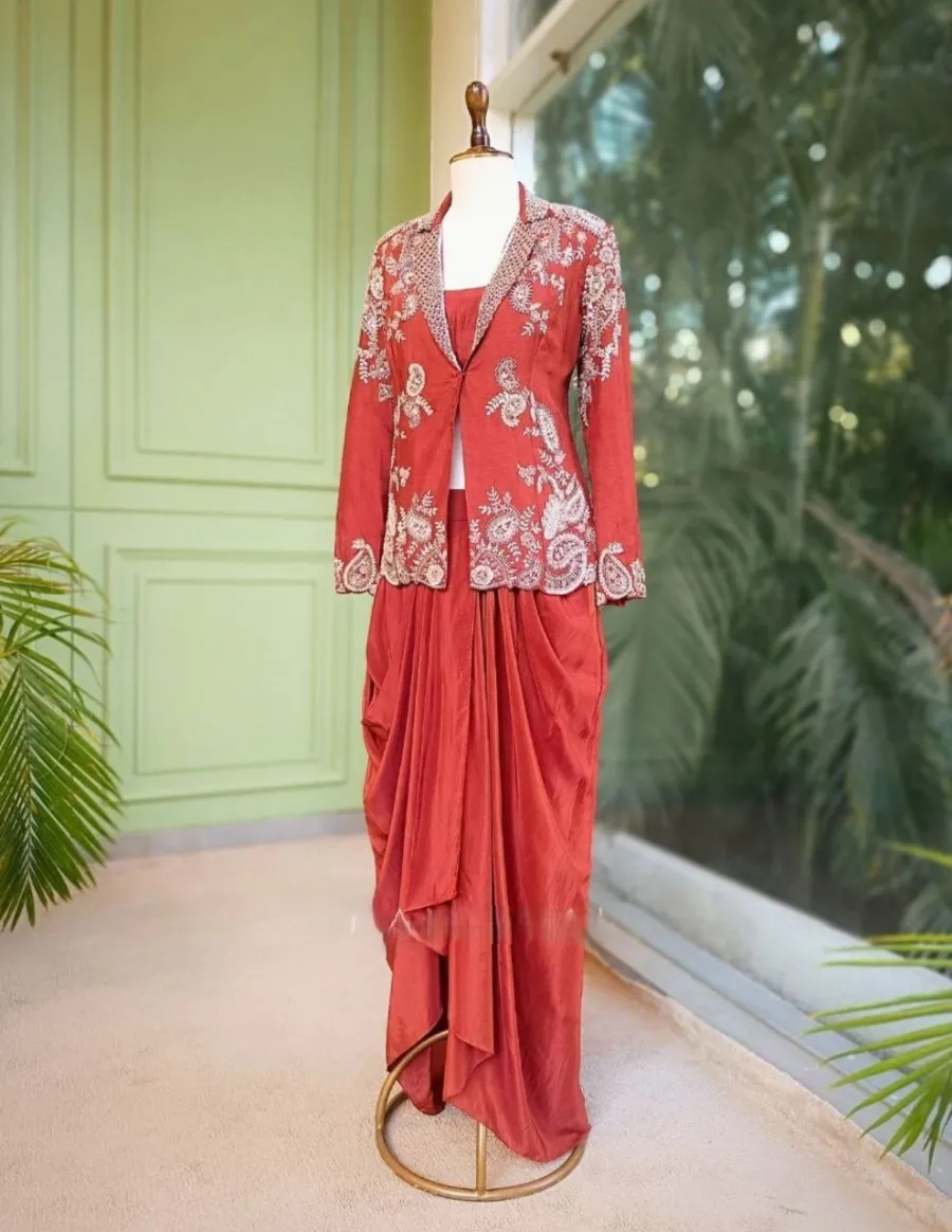 8MODERN CREPE SATIN PLAIN DRAPE SKIRT BLOUSE WITH EMBROIDERY WORK KOTI PARTY WEAR WHOLESALE PRICE ETHNIC GARMENT (5)