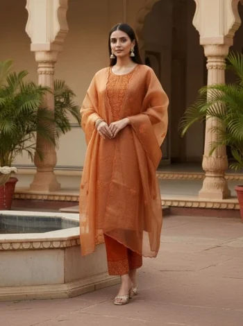 MODERN TWILL COTTON EMBROIDERY WORK TOP BOTTOM WITH DUPATTA ORANGE