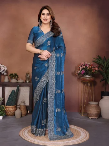 DESIGNER CHIFFON SILK EMBROIDERY CUTWORK WITH SWAROVSKI WORK SAREE WITH UNSTITCHED BLOUSE TEAL