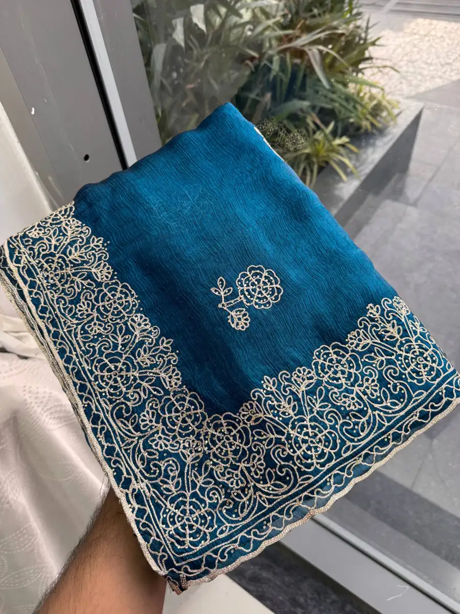9DESIGNER CHIFFON SILK EMBROIDERY CUTWORK WITH SWAROVSKI WORK SAREE WITH UNSTITCHED BLOUSE FESTIVE WEAR WHOLESALE PRICE ETHNIC GARMENT (13)