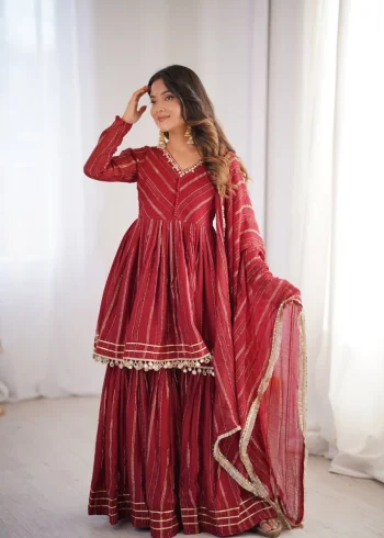 DESIGNER MAL CHANDERI REAL MIRROR WITH HANDWORK TOP SHARARA WITH DUPATTA MAROON