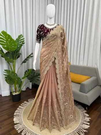 ATTRACTIVE FENDY SILK THREAD WITH SEQUENCE WORK SAREE WITH UNSTITCHED BLOUSE CREAM