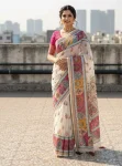ATTRACTIVE LINENE SILK DIGITAL PRINT AND HANDWORK SAREE WITH UNSTITCHED BLOUSE OFF WHITE AND PINK