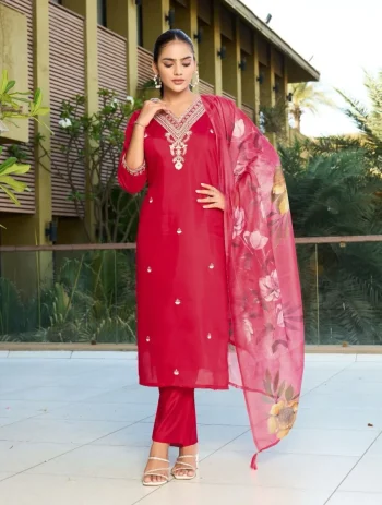 ATTRACTIVE ROMAN SILK EMBROIDERY WITH SEQUENCE WORK TOP BOTTOM WITH DUPATTA RED