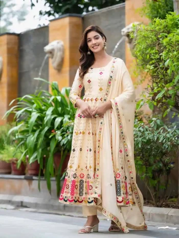 DESIGNE CHINON SILK SEQUENCE EMBROIDERY WORK GOWN BOTTOM WITH DUPATTA CREAM