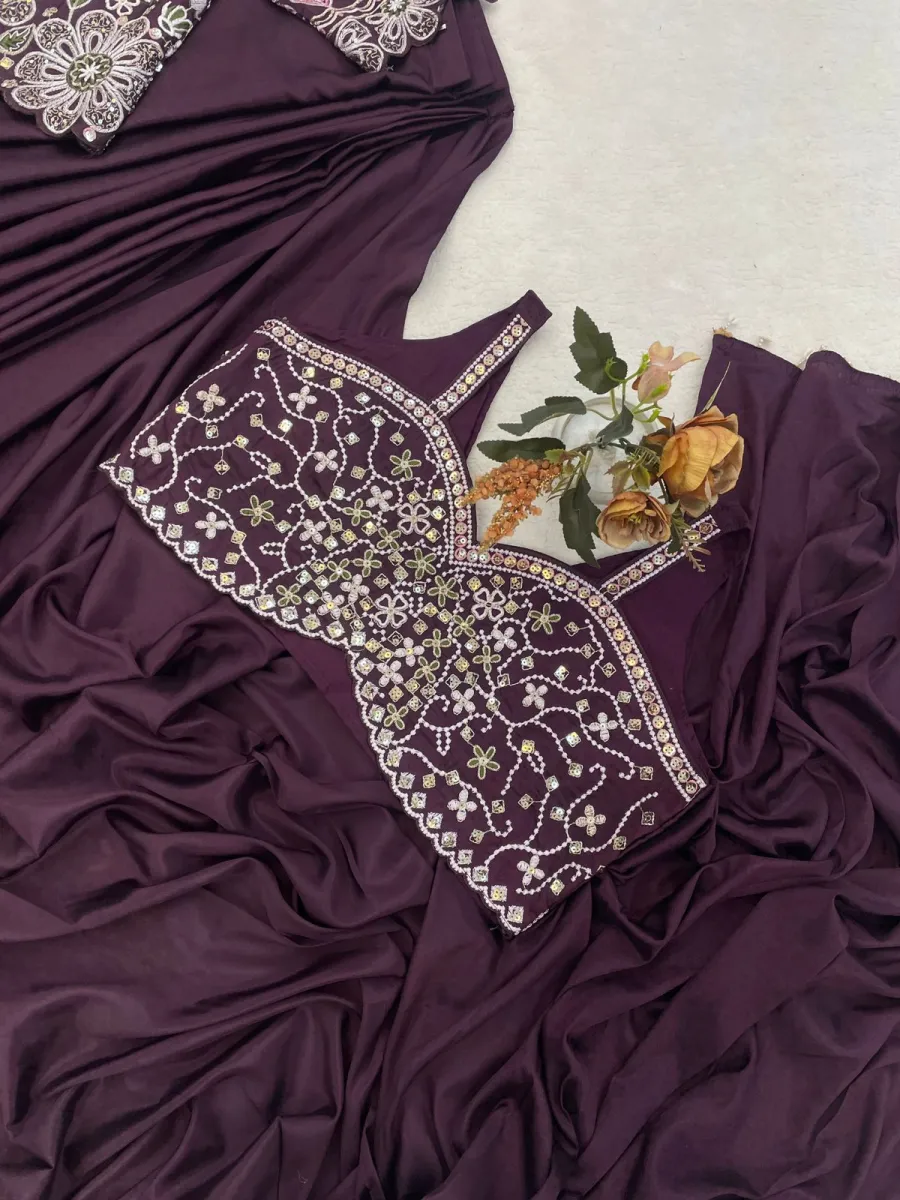 DESIGNE CREPE SILK LACE BORDER WORK READY TO WEAR SAREE WITH STITCHED BLOUSE AND KOTI PARTY WEAR WHOLESALE PRICE ETHNIC GARMENT (1)