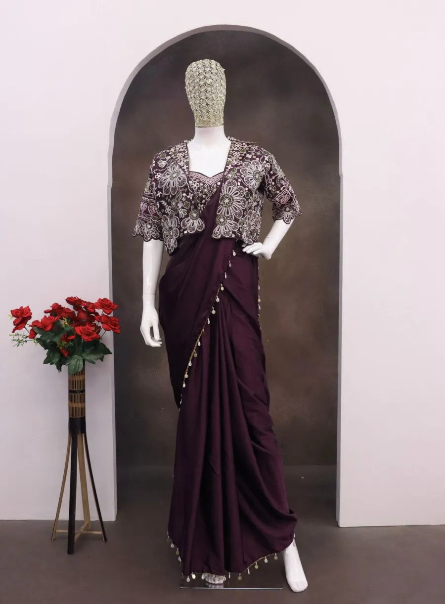 DESIGNE CREPE SILK LACE BORDER WORK READY TO WEAR SAREE WITH STITCHED BLOUSE AND KOTI PARTY WEAR WHOLESALE PRICE ETHNIC GARMENT (11)