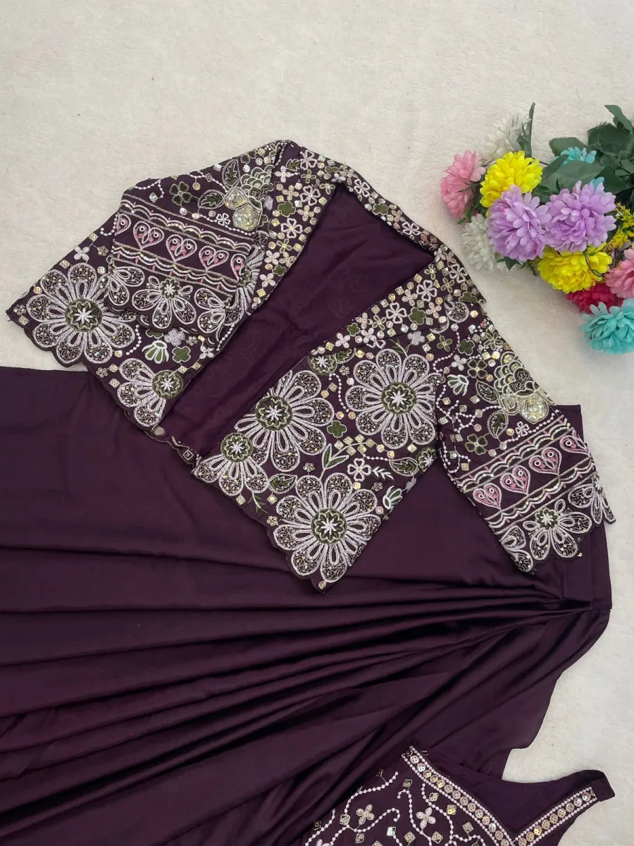 DESIGNE CREPE SILK LACE BORDER WORK READY TO WEAR SAREE WITH STITCHED BLOUSE AND KOTI PARTY WEAR WHOLESALE PRICE ETHNIC GARMENT (12)