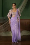 DESIGNE CREPE SILK LACE BORDER WORK READY TO WEAR SAREE WITH STITCHED BLOUSE AND KOTI LAVENDER