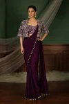 DESIGNE CREPE SILK LACE BORDER WORK READY TO WEAR SAREE WITH STITCHED BLOUSE AND KOTI WINE