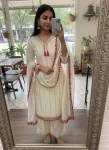 DESIGNER CHANDERI SILK LACE WORK AND POMPOM LACE WORK ON BORDER TOP BOTTOM WITH DUPATTA OFF WHITE AND PINK