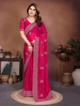 DESIGNER CHIFFON SILK EMBROIDERY CUTWORK WITH SWAROVSKI WORK SAREE WITH UNSTITCHED BLOUSE FESTIVE WEAR WHOLESALE PRICE ETHNIC GARMENT (15)