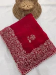 DESIGNER CHIFFON SILK EMBROIDERY CUTWORK WITH SWAROVSKI WORK SAREE WITH UNSTITCHED BLOUSE FESTIVE WEAR WHOLESALE PRICE ETHNIC GARMENT (15)
