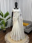 DESIGNER CHIFFON THREAD WORK SAREE WITH UNSTITCHED BLOUSE WHITE