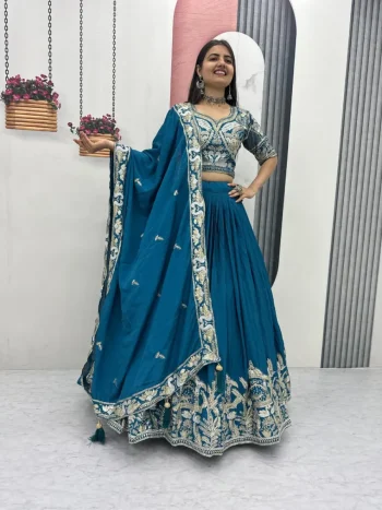 DESIGNER CHINON EMBROIDERY THREAD AND SEQUENCE WORK LEHENGA CHOLI WITH DUPATTA TEAL