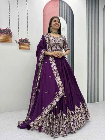 DESIGNER CHINON EMBROIDERY THREAD AND SEQUENCE WORK LEHENGA CHOLI WITH DUPATTA PURPLE