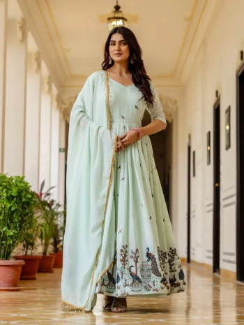 DESIGNER CHINON EMBROIDERY WORK GOWN WITH DUPATTA SEA GREEN