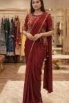DESIGNER CHINON LACE BORDER WORK READY TO WEAR SAREE WITH STITCHED BLOUSE RED