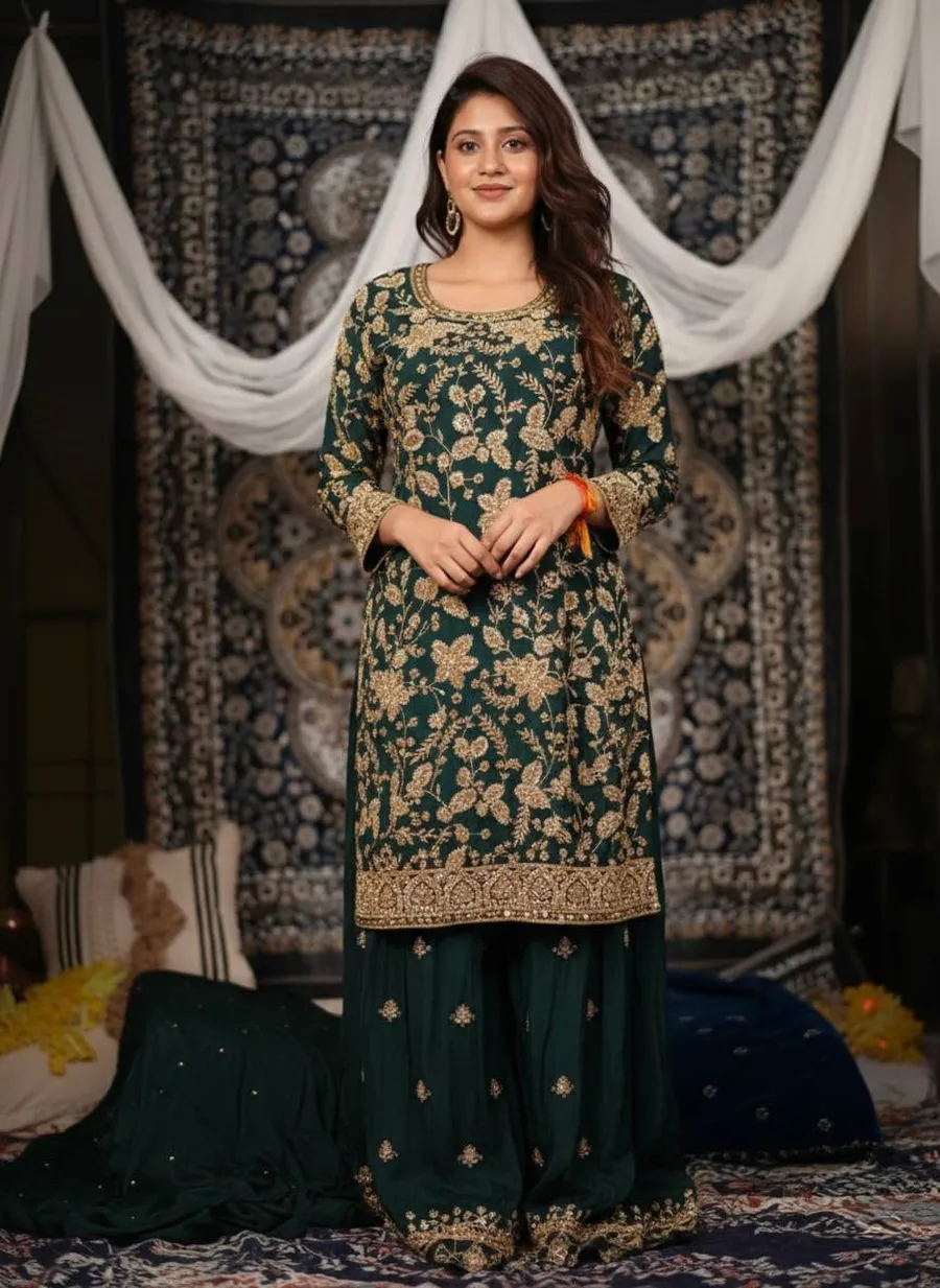 DESIGNER CHINON SEMI-BEADS EMBROIDERY WORK TOP SHARARA WITH DUPATTA FESTIVE WEAR WHOLESALE PRICE ETHNIC GARMENT (12)