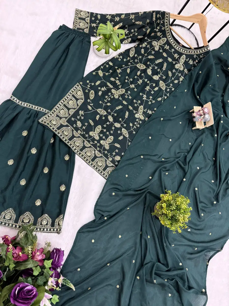 DESIGNER CHINON SEMI-BEADS EMBROIDERY WORK TOP SHARARA WITH DUPATTA FESTIVE WEAR WHOLESALE PRICE ETHNIC GARMENT (14)