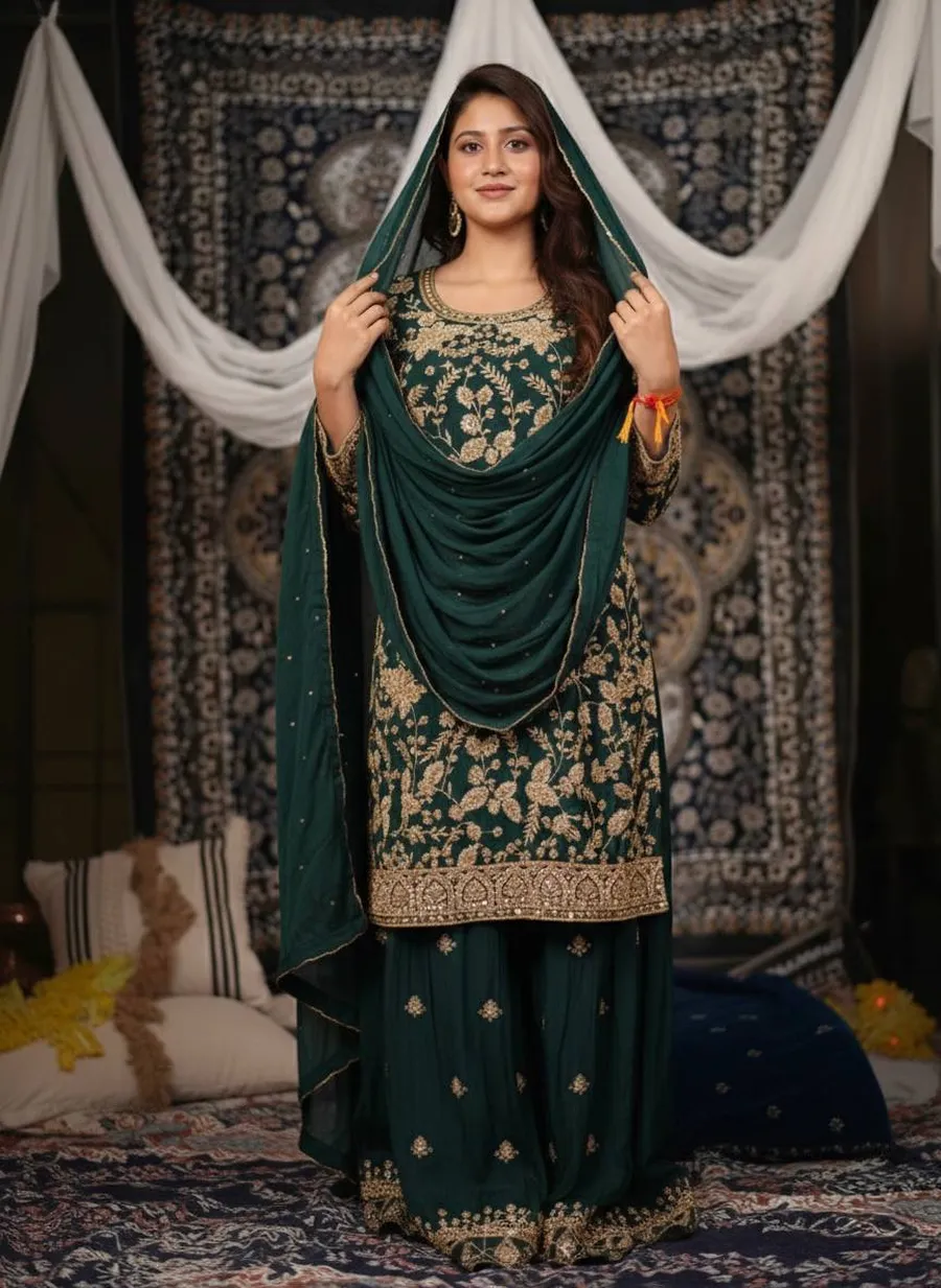 DESIGNER CHINON SEMI-BEADS EMBROIDERY WORK TOP SHARARA WITH DUPATTA FESTIVE WEAR WHOLESALE PRICE ETHNIC GARMENT (15)